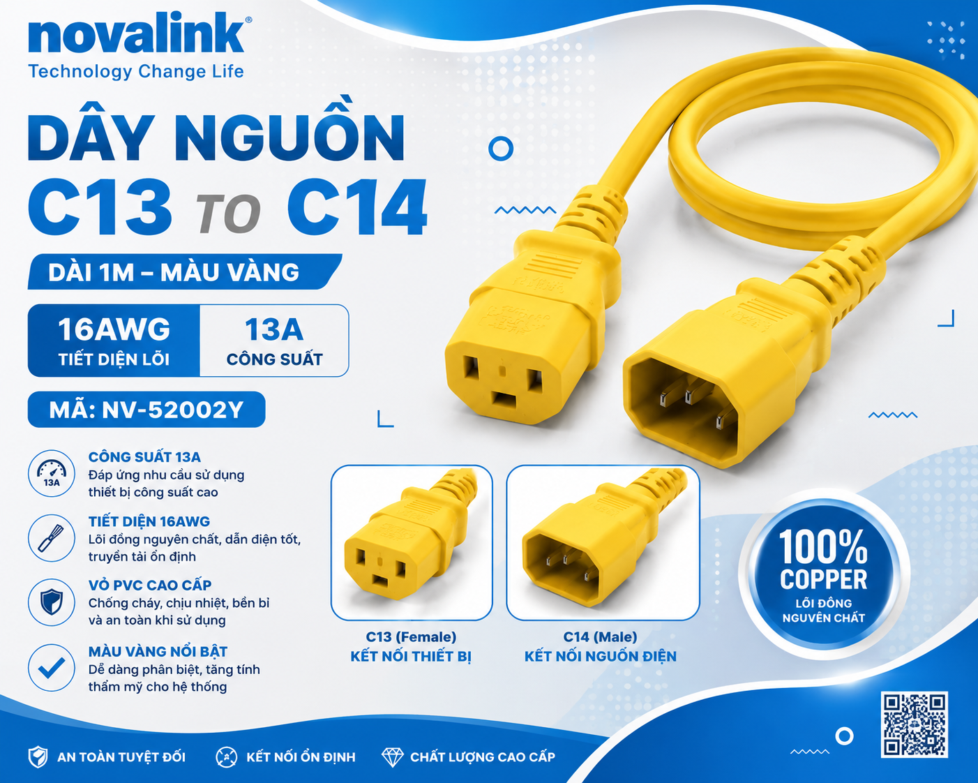 Dây nguồn C13 to C14 dài 1m màu vàng 16AWG 13A Novalink NV-52002Y