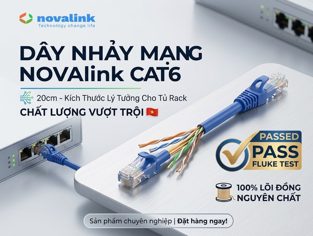 Dây nhảy mạng Cat6 dài 0.2m ( 20Cm) mầu Xanh - Lõi đồng 24AWG, Kiểm định Fluke NV-20114A