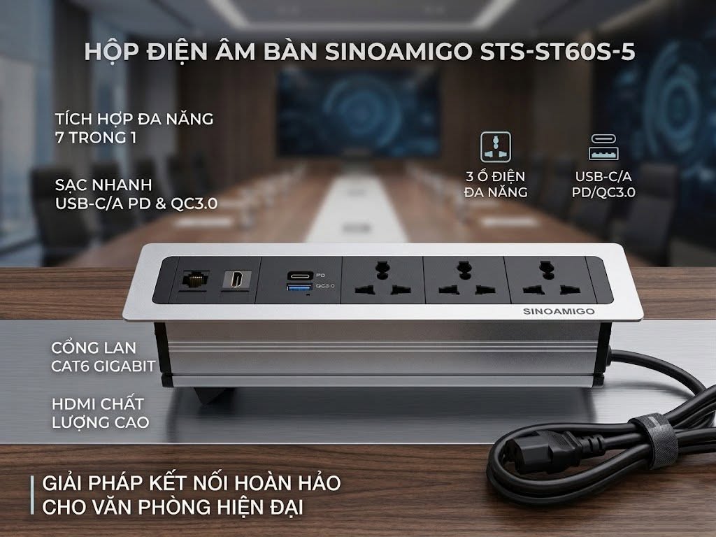 Hộp , ổ điện &acirc;m b&agrave;n Sinoamigo STS-ST60S-5 | USB, HDMI, LAN đa năng