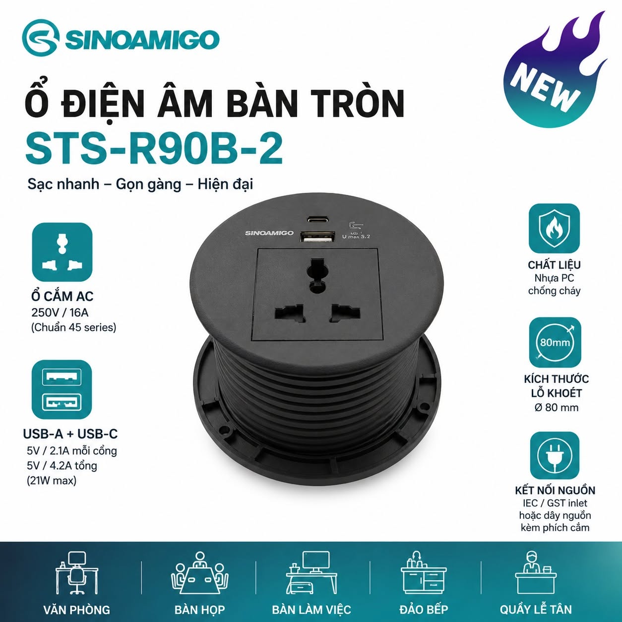 Ổ điện &acirc;m b&agrave;n tr&ograve;n Sinoamigo STS-R90W-2W m&agrave;u trắng ch&iacute;nh h&atilde;ng | Cao cấp - Đẹp - Bền