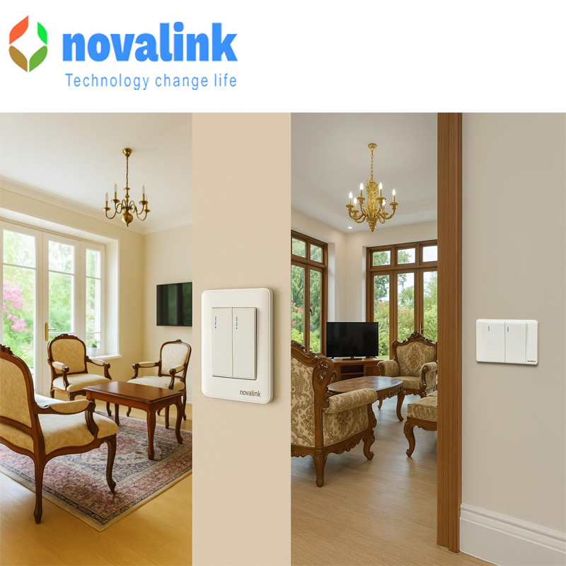 Mặt ổ 2 công tắc 2 chiều, Novalink A6-03-1 khung nhôm  220V-250V 10A