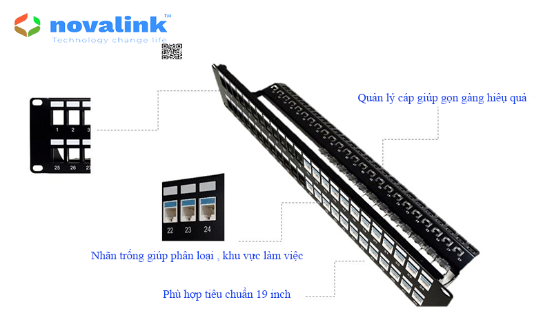 Khung Patch Panel Cat6A 48 Port 2U Novalink CC-06-00064 Chính Hãng