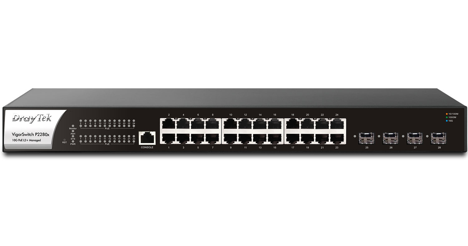 Draytek VigorSwitch P2280X - 24 Port Gigabit PoE L2+ Managed Switch with 4 slot SFP+ 10G uplink port