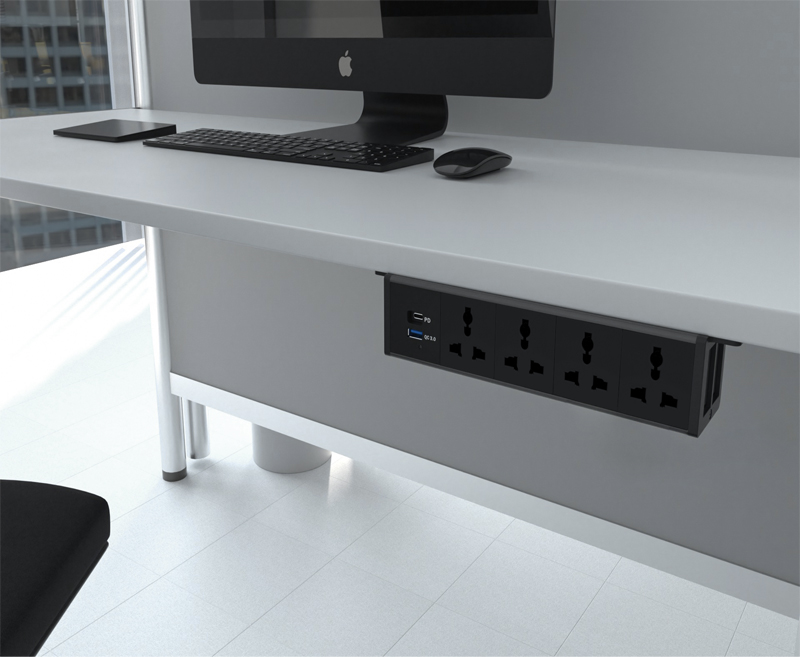 Hộp ổ điện lắp gầm bàn Sinoamigo STS-HG60B-5, tích hợp 4 ổ cắm đă năng, 2 cổng US