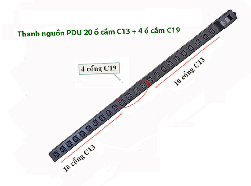 Thanh nguồn PDU 20 cổng chuẩn C13 và 4 công C19 lắp tủ mạng