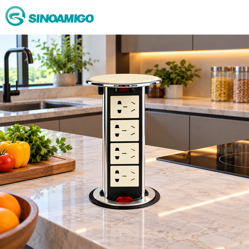 Hộp ổ điện &acirc;m b&agrave;n bếp sinoamigo STP-1W m&agrave;u trắng ng&agrave; lắp đặt tr&ecirc;n mặt đ&aacute; b&agrave;n đảo