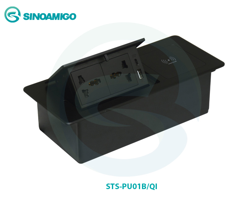 Hộp ổ điện âm bàn Sinoamigo STS-PU01B/QI + sạc không dây màu đen