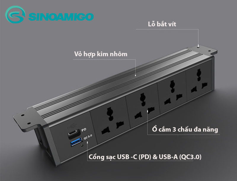 Ổ cắm điện lắp gầm bàn Sinoamigo STS-HG60B-5 | 4 ổ điện + sạc TypeA TypeC, màu đen