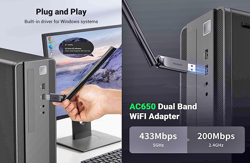 Card USB WIFI băng tần kép 2,4G & 5G dành cho PC Ugreen 90339