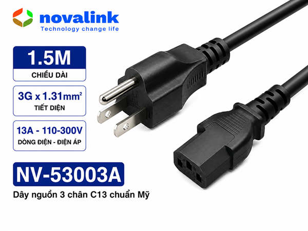 D&acirc;y, c&aacute;p  nguồn 3 chấu chuẩn Mỹ to C13 Novalink NV-53005A - 2m, 16AWG, 13A, UL