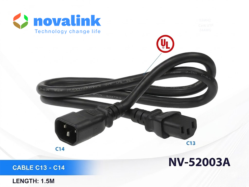 Dây nguồn C13 to C14 1.5m Novalink NV-52003A - Lõi 16AWG, 13A, chuẩn UL xuất khẩu