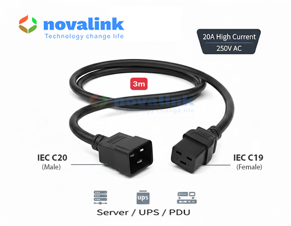 Dây Nguồn C19 To C20 1.5m 20A Novalink NV-56302A Chính Hãng