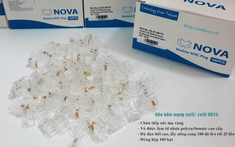 Đầu Bấm, Hạt Mạng Cat5E Novalink RJ45 8 Chân Mạ Vàng 50U | Hộp 100 Cái, Nhựa UL-94V2
