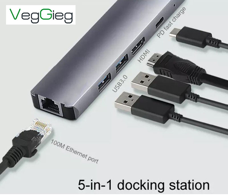 Bộ chuyển đổi USB type C sang HDMI, RJ45, USB 3.0, USB -C PD (5 in 1) VegGieg V-TC05R