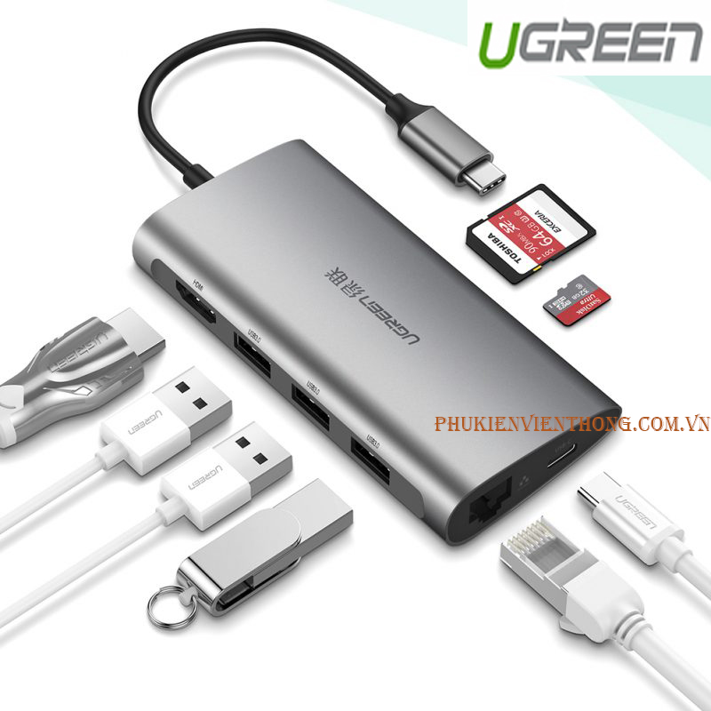 Bộ chuyển đổi đa năng USB C to HDMI/Ethernet/USB 3.0/Card SD/TF Ugreen 50538 chính hãng