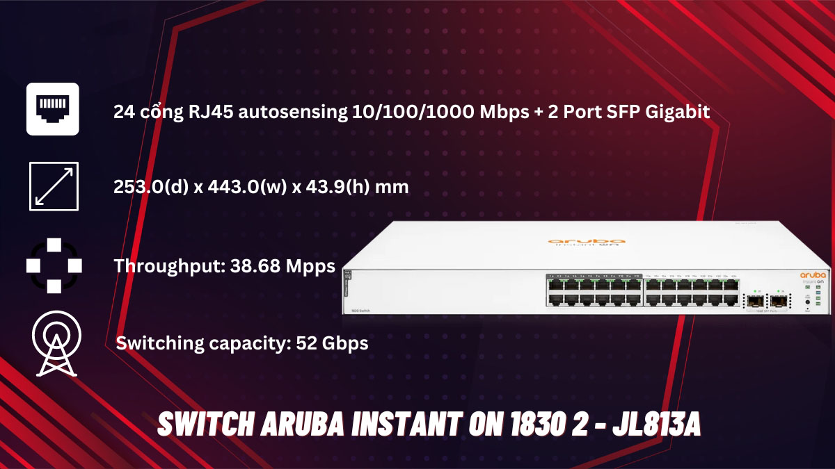 Thiết bị chuyển mạch Aruba Instant On 1830 24G 12p  Class4 PoE 2SFP 195W JL813A