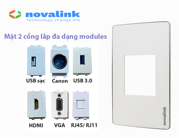 Mặt Wallplate 2 cổng Novalink NV-21002W hình chữ nhật - Điện, Mạng, HDMI, VGA, USB, Audio