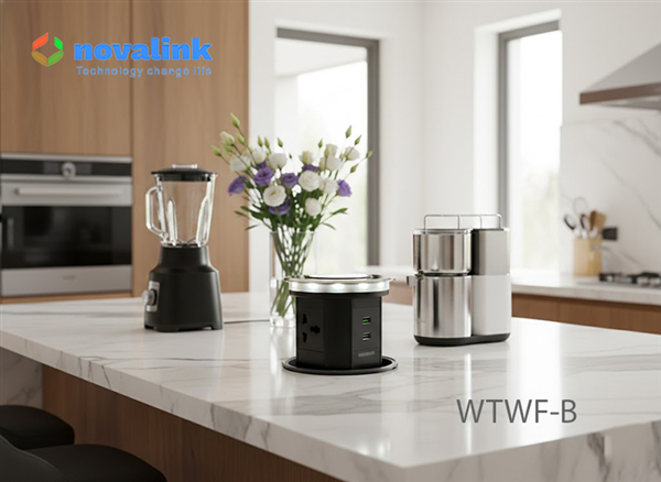 Ổ cắm &acirc;m b&agrave;n đảo Novalink WTWF-B lắp đặt ch&igrave;m tr&ecirc;n mặt đ&aacute; b&agrave;n bếp