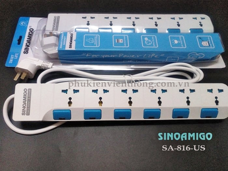 Ổ cắm điện Sinoamigo SA-816-US chống sét dài 3m chính hãng