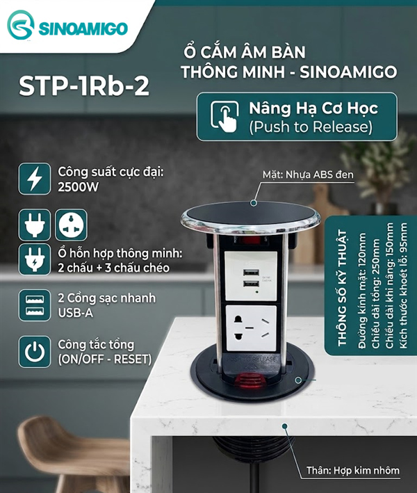 Ổ điện &acirc;m b&agrave;n đảo bếp Sinoamigo STP-1RB-2 t&iacute;ch hợp USB