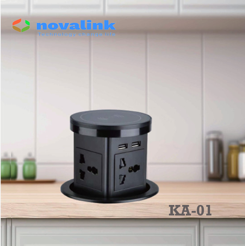 Hộp ổ điện âm bàn bếp, bàn đảo  Novalink KA-01 | 4 ổ cắm 13A, USB A+C, sạc 15W