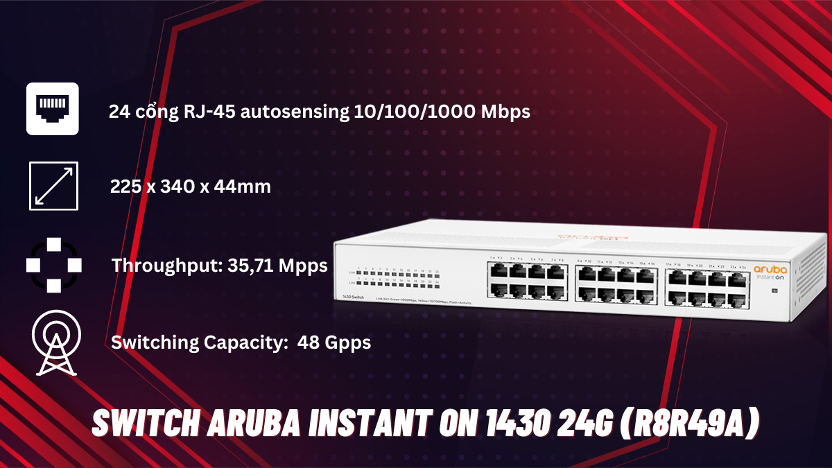 Bộ chia mạng Aruba Instant On 1430 24G R8R49A 24 cổng gigabit chính hãng