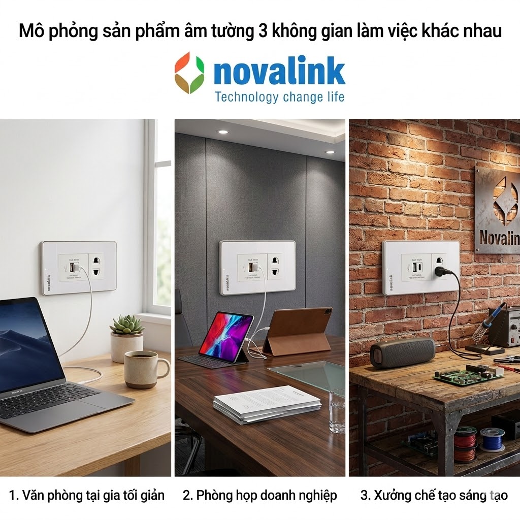 Ổ cắm điện âm tường Novalink 2 chấu tích hợp sạc USB A-C P21-QC1