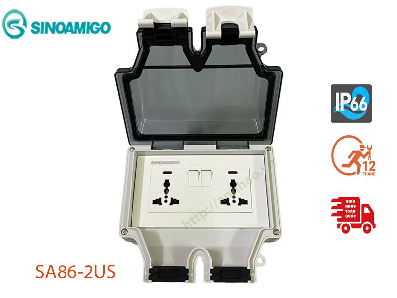 Hộp ổ cắm điện đa năng chống nước ngoài trời có công tắc sinoamigo SA86-2US chính hãng