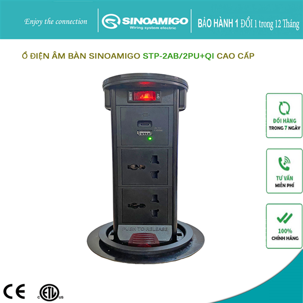 Hộp ổ điện âm bàn SINOAMIGO STP-2AB/2Pu+Qi tích hợp sạc không dây màu đen